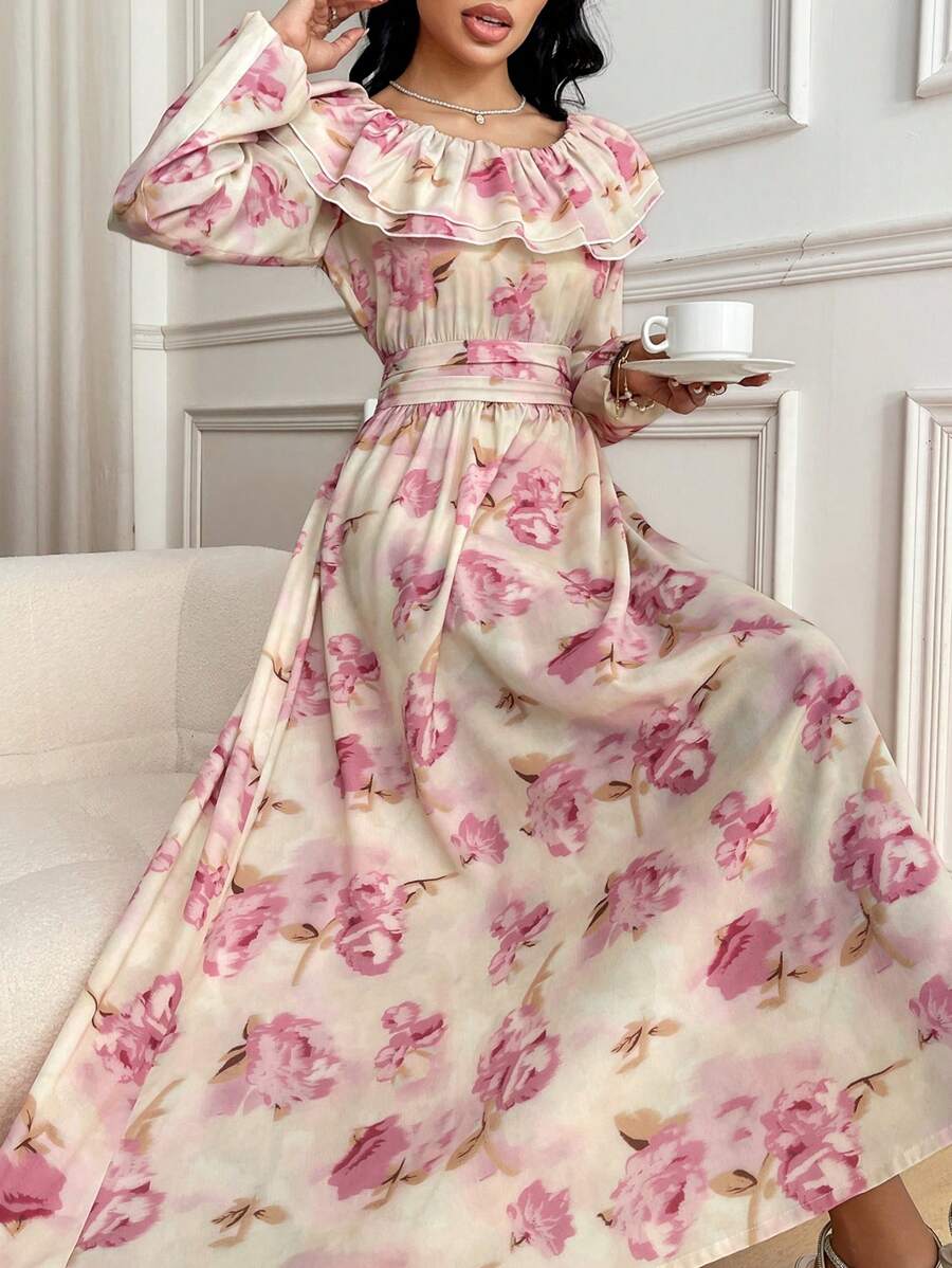 Modelyn Vestido con cintura entallada, cuello de volantes y hombros descubiertos con estampado floral romántico a la francesa