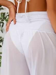 Swim Basics Women's Apricot Pleated Wide Leg Pants With Loose Robe - Apricot - View 4