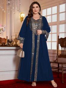 Al Najma 2 Pieces Plus Size Middle East Arab Women's Dubai Luxury High-End Elegant Lightweight Dress Set, Modest Kaftan