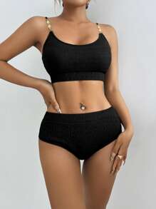 SHEIN Swim Ruched Fabric Shell Strap High Waist Bikini, Great For Beach & Holiday For Summer Beach Vacation - Black - View 3