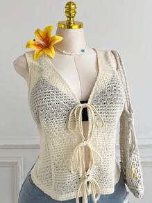 Comfortcana Plus Size Casual Resort Crochet Mesh Bow Decorated Shirt - Beige - View 4