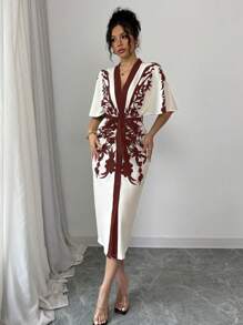 Elenzga Women's Plant Print V-Neck Short Sleeve Slim Fit Elegant Midi Dress, Suitable For Vacation - Rust Brown - View 7