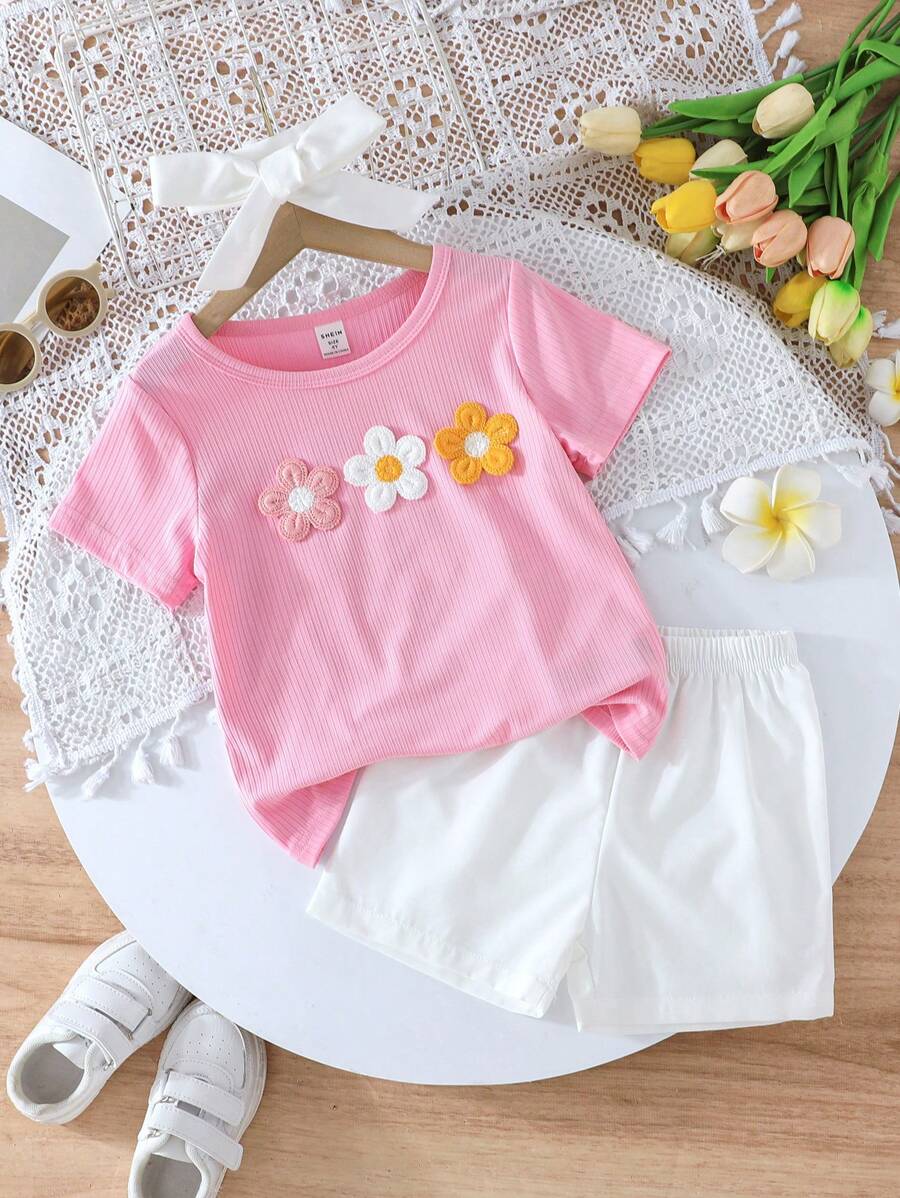 2pcs Girls' Colorful Flower Print Crew Neck Short Sleeve T-Shirt And Shorts Set, Toddler Summer Outfit - Pink - View 1