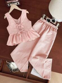 青少年女孩宽松休闲韩版肩带荷叶边下摆上衣和裤子两件套 - 粉色 - 查看 2