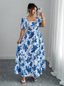 Elenzga Große Größen Maxikleid für Damen mit inspiriertem blauen und weißen Porzellanmuster, Quadratausschnitt, Puffärmeln und elegantem fließendem Rock, das feminine Ausstrahlung zeigt, geeignet für Frühling und Sommer