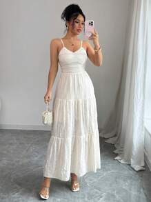 Elenzga Vestido eleg nte de mujer con textura arrugada tejida en color albaricoque, cintura ajustada y volantes en tres niveles, para primavera/verano