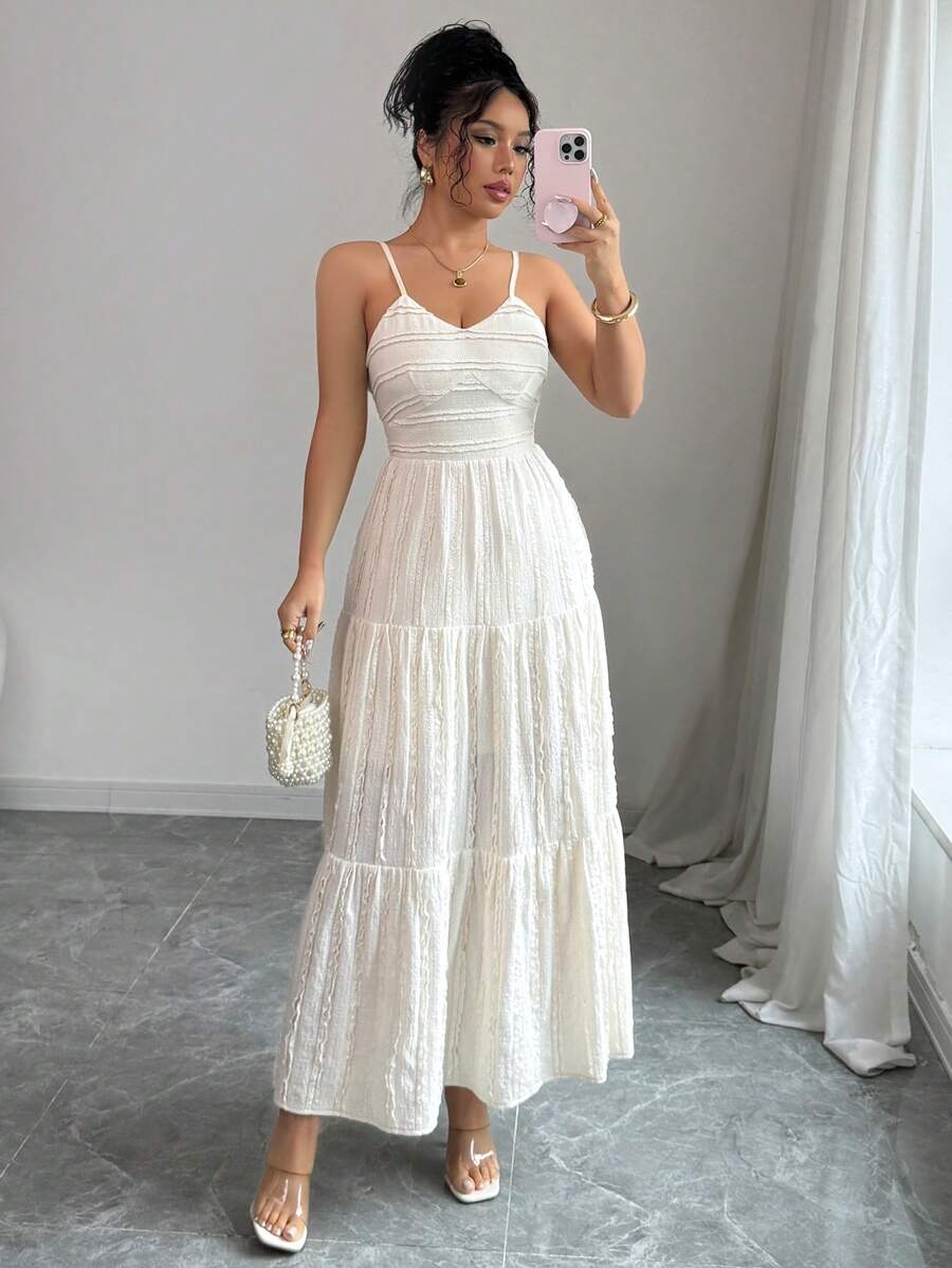 Elenzga Vestido eleg nte de mujer con textura arrugada tejida en color albaricoque, cintura ajustada y volantes en tres niveles, para primavera/verano