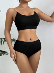 SHEIN Swim Ruched Fabric Shell Strap High Waist Bikini, Great For Beach & Holiday For Summer Beach Vacation - Black - View 6