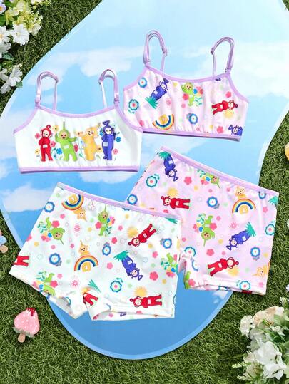 Teletubbies X SHEIN Conjunto de top de tirantes y shorts de niña preadolescente con gráfico de Tinky Winky, Dipsy, Laa-Laa y Po