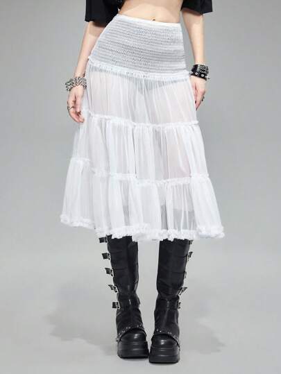 Grunge Punk Summer Street-Style Beige Cake-Shaped Mesh Tutu Skirt With Lining
