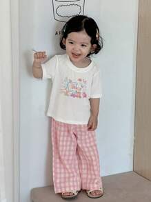 Dazy Kids Baby Girls Casual Printed Round Neck Short Sleeve Top And Loose Fit Pants Loungewear Set - Pink - View 3