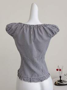 Elamini Black & White Checkered Short Sleeve Shirt With Ruffle Trim, Button Up Fitted Top