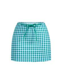 Swim Mod Traje de baño de una pieza con minifalda a cuadros azul retro para vacaciones de verano - Verde - Ver 7