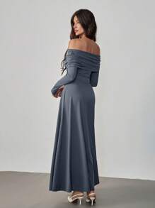 SHEIN Tall Vestido largo con hombros al descubierto, manga larga, unicolor y pliegues elegante para mujer, otoño, nuevo para el Día de San Valentín y Año Nuevo - Gris - Ver 7