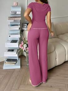 SHEIN Bộ đồ ngủ thường ngày màu tương phản phong cách INS và quần dài - Màu tím - Xem 2