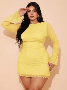 SHEIN BAE Plus Size Women's High Street Mini Short Dress, Suitable For Daily Wear, Commuting, Outing, Dating, Afternoon Tea, Vacation, French Style Dress, Formal Gown, Birthday Dress, Bridesmaid Dress, Spring/Summer,Valentine's Day,Valentine Outfits For Women - Yellow - View 7