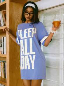 Women Letter Print Round Neck Drop Shoulder Casual Nightgown - Blue - View 4