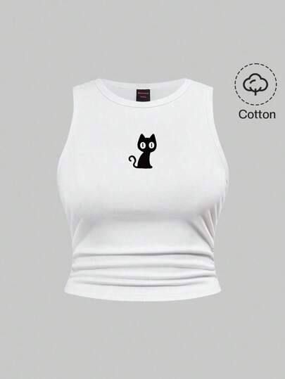 Kawaii Camiseta sin mangas blanca con estampado de gatito lindo, adecuada para vacaciones de verano y playa, talla grande