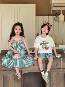 SHEIN Genkimix Kids Vestito estivo casual e senza maniche da ragazza, linea ad A, morbido, con stampa a fette di cocomero, dolce e carino