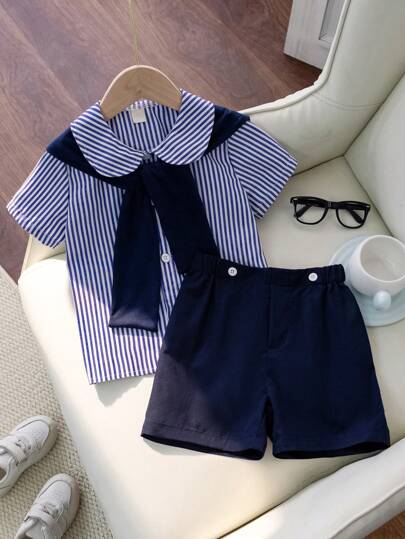 SHEIN Genkimix Kids 4pcs Set Boys Summer Outfit: Striped Short Sleeve Shirt, Elastic Waist Shorts, Shawl, And Belt, Suitable For Birthday Party, Wedding, Christening, One Month Celebration Young Boys Suit Set Young Boys Sets