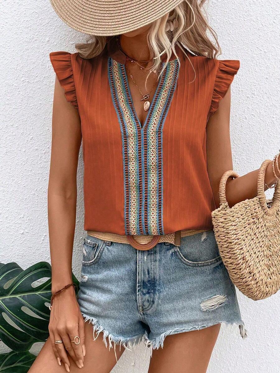 EMERY ROSE Women's Holiday Contrast Lace Cap Sleeve Blouse With Random Floral Trim - Rust Brown - View 1