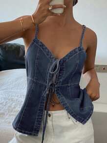 Livesso 女士休闲百搭系带牛仔吊带背心 - 中等水洗藍 - 查看 6