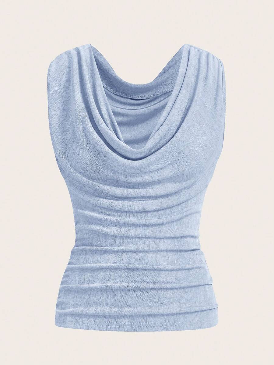 SHEIN ICON 女士纯色垂褶领休闲百搭日常上衣 - 淺藍色 - 查看 1