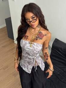 Coolane Women's Summer  Boho Western Wear Utility-Style Braided Outerwear Tree Branch Pattern Braided Pattern Forest Camouflage Asymmetrical Hem Cold Shoulder Mesh Top - Multicolor - View 4