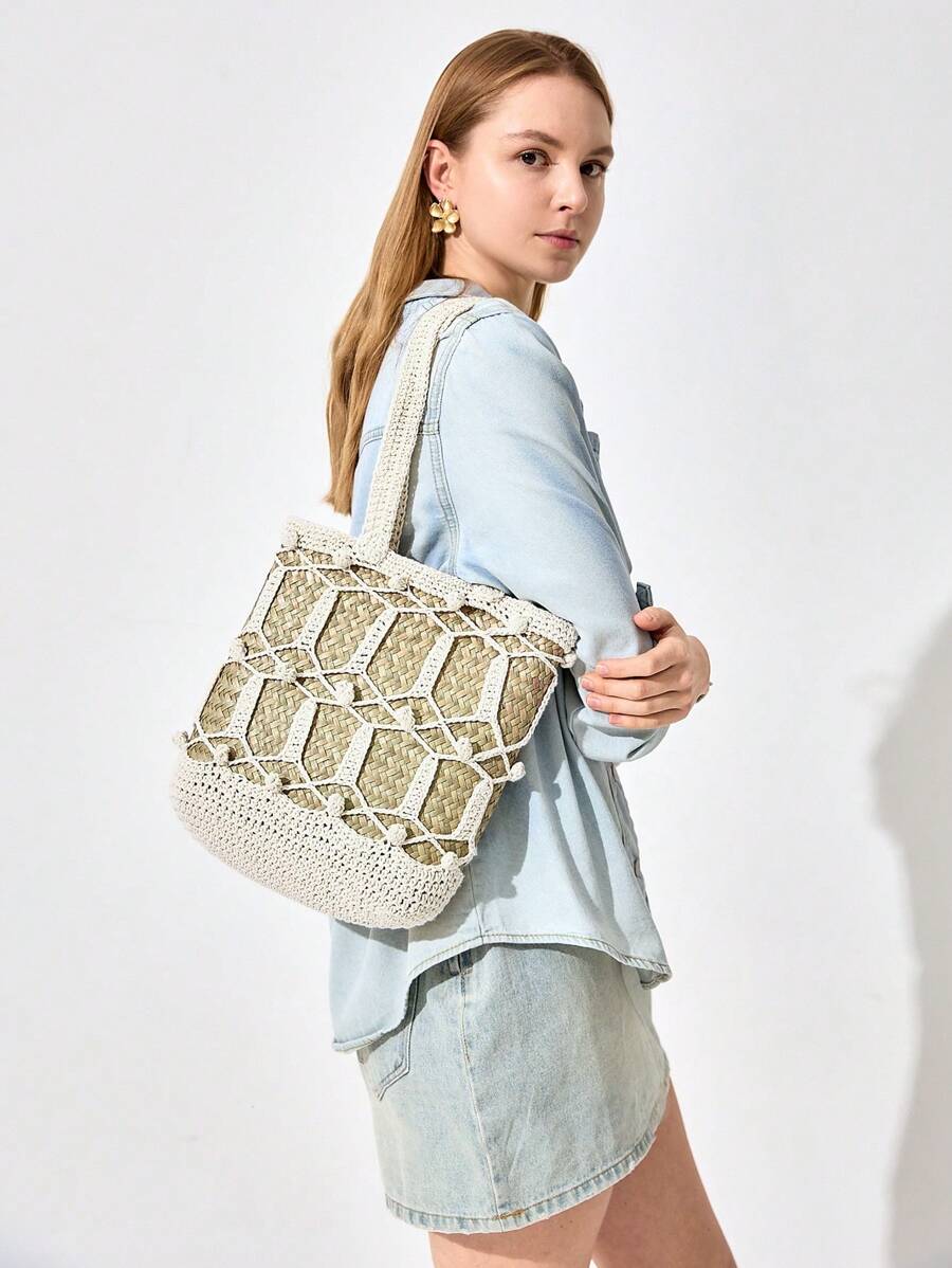 SHECARRY Women Woven Tote Bag, Casual And Fashionable For Everyday Use - Beige - View 1