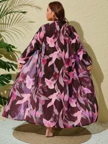 Swim Lushoire Plus Size Women Random Print Long Sleeve Loose Long Kimono For Summer Beach Vacation - Hot Pink - View 2