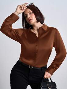 Chikora Áo sơ mi cài nút bằng vải satin bóng mịn cỡ lớn dành cho nữ, trang phục công sở dành cho phụ nữ - Màu nâu Sô-cô-la - Xem 3