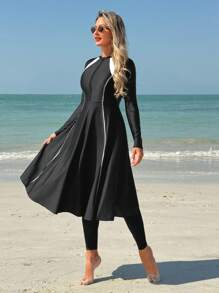 Swim Mulvari Women's Long Sleeve Rash Guard, Fashionable For Summer - Black and White - View 5