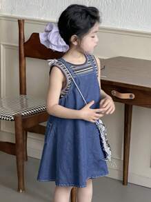 Dazy Kids Young Girl 2 Pieces/Set Round Neck Striped Knit Top & Denim Dress, Summer, Back Top School - Blue - View 3