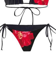 Swim Oasis Conjunto de biquini de 3 piezas de ropa de baño de verano para mujer con top de tirantes tipo espagueti y triángulo, Bottom con lazo lateral y fruncido y falda larga de red, para vacaciones informales en 2025 - Negro - Ver 3