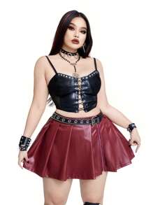 Flirla Casual Punk Plus Size Women's Side Zipper PU Leather Plain Simple Waist Band A-Line Mini Skirt - Red - View 4