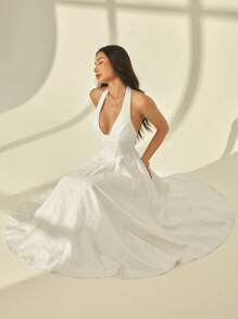 SHEIN PETITE 女式花卉提花深V领露背吊带连衣裙白色女式连衣裙 - 白色 - 查看 3