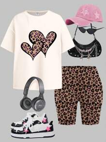 SHEIN 2 Stücke Mädchen Vintage Leoparden Muster Herz Grafik, Weinrot Farbschema, lässig locker sitzende Kurzarm T-Shirt und Shorts Set, geeignet für den Sommer