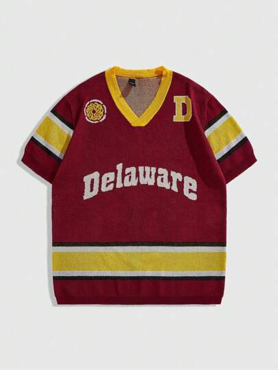 Street Life Men Jersey Slogan Jacquard Knit Short Sleeve Sweater