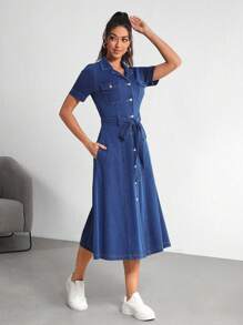 SHEIN Essnce Women's Denim Dress Short Sleeve, Fashionable For Summer - Blue - View 4