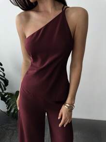 Firerie 2 件套：优雅简约杏色亚麻不对称下摆露背无袖上衣和高腰长裤，适合度假和日常穿着，春夏季 - 酒紅色 - 查看 5