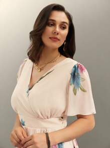 Flouryn Plus Size Women Elegant Chiffon Floral Print V-Neck Ruffle Sleeve Waist Cinched Long Dress - Multicolor - View 3