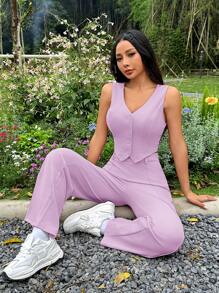 SHEIN PETITE Women Two Pieces Outfits For Daily Wear - Mauve Purple - View 3