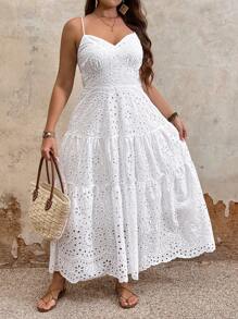 Breezaya 大码女式简约细肩带修身长裙，休闲度假风格 - 白色 - 查看 3