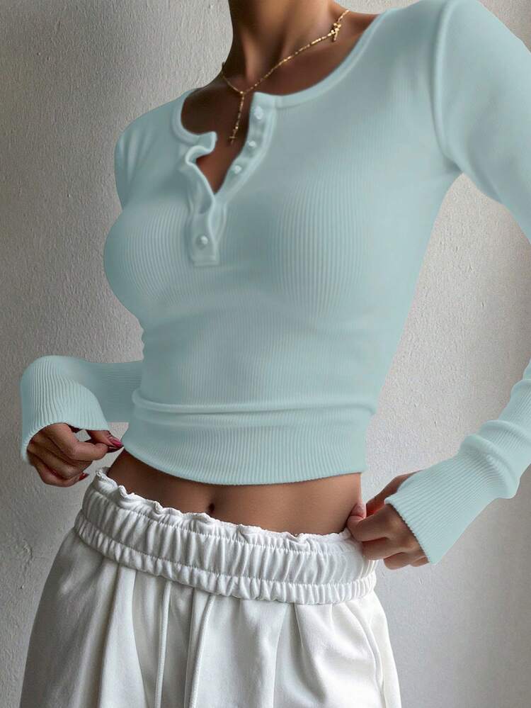 Women's Solid Color Button Half-Placket Ribbed Slim Fit Long Sleeve T-Shirt, Autumn,Fall Women Clothes
