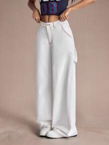 SHEIN EZwear 女式口袋喇叭宽松休闲百搭牛仔裤 - 白色 - 查看 1