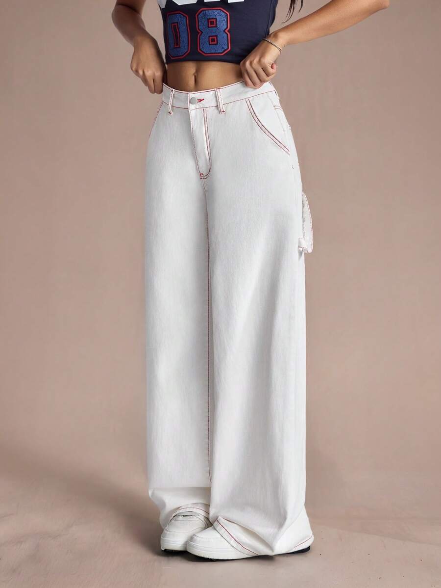 SHEIN EZwear 女式口袋喇叭宽松休闲百搭牛仔裤 - 白色 - 查看 1
