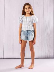 SUMWON 泡泡袖纽扣前方领格子夏季春季衬衫上衣节日校服女孩青少年周末装