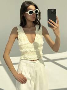 Aloruh Women's Solid Deep V-Neck Casual Vacation Tank Top, Suitable For Summer