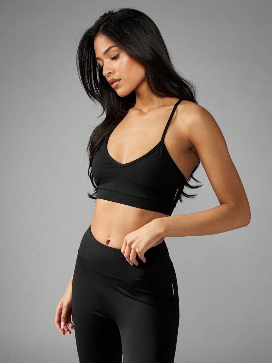 Missguided x Playboy Logo Sports Bra Gym Workout Athletic Performance Low Impact Fitness Training Yoga Running Active Wear V-Neck Cross Back Design - Black - View 1