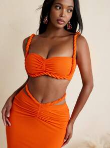 Young Addiction 橙色编织吊带方领露背夏季海滩海岛度假性感上衣女士度假夏季上衣 - 橘色 - 查看 6